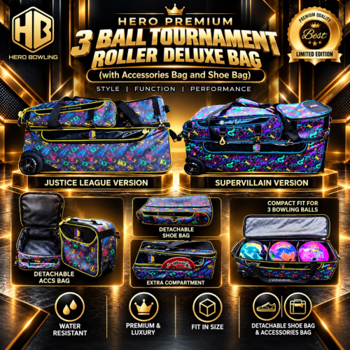 pr3b Premium 3 Ball Tournament Roller Tote Bowling Bags + Shoe Bag + Accs Bag (Justice & Supervillain Designs)