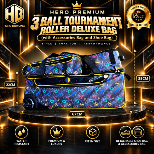 Premium 3 Ball Tournament Roller Tote Bowling Bags + Shoe Bag + Accs Bag (Justice & Supervillain Designs)