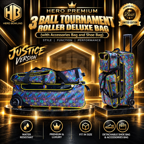 Premium 3 Ball Tournament Roller Tote Bowling Bags + Shoe Bag + Accs Bag (Justice & Supervillain Designs)