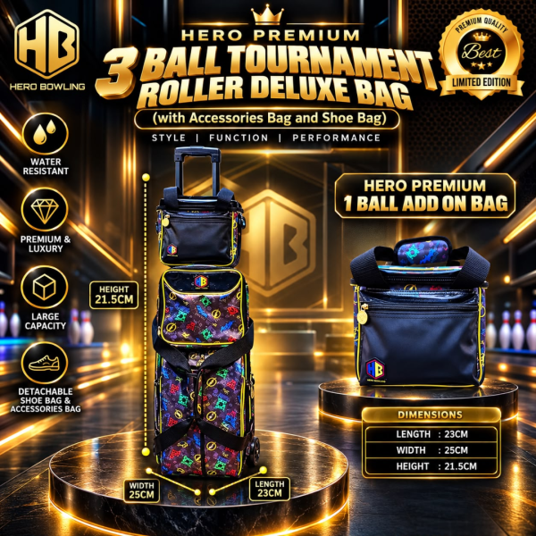 Premium 3 Ball Tournament Roller Tote Bowling Bags + Shoe Bag + Accs Bag (Justice & Supervillain Designs)