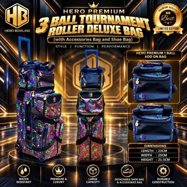Premium 3 Ball Tournament Roller Tote Bowling Bags + Shoe Bag + Accs Bag (Justice & Supervillain Designs)