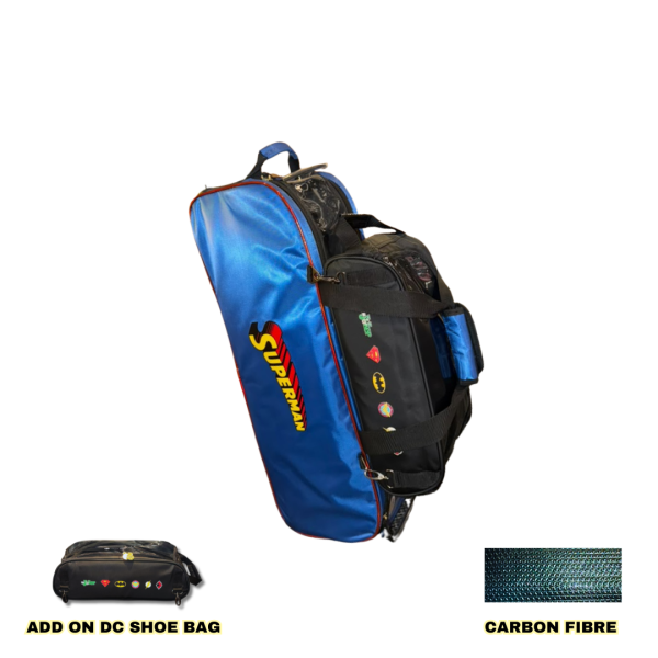 DC The Superman Design 3 Ball Tournament Roller Tote Bowling Bag (Add on Shoe Bag)